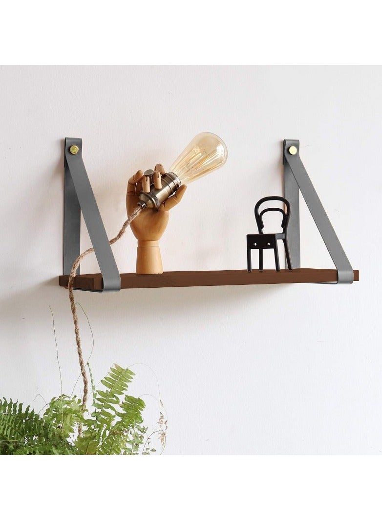 Home Gallery PU Gray Leather Strap Wall Floating Shelf  Brown  - Image 2