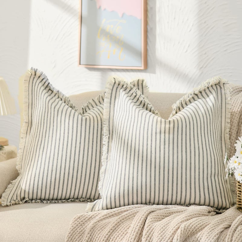 ZWJD Throw Pillow Covers 22x22 Set of 2 Striped Pillow Covers with Fringe Chic Cotton Decorative Pillows Square Cushion Covers for Sofa Couch Bed Living Room Farmhouse Decor