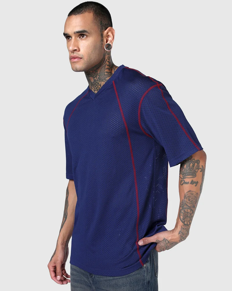 بيواكوف Men's Blue Textured Oversized T-shirt