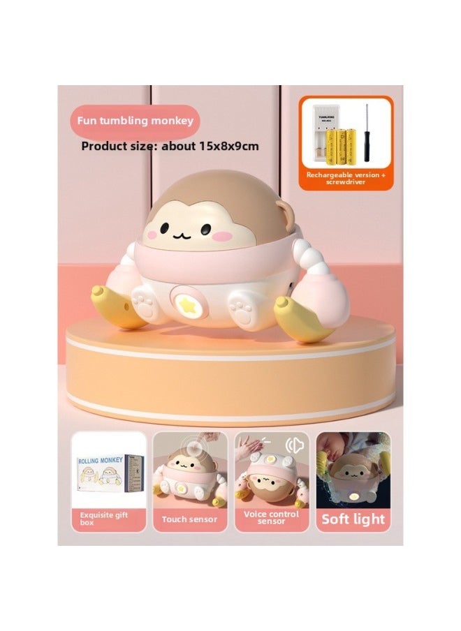 null - Rolling Monkey Baby Learning To Climb Toy Baby 0 1 Year Old Head Up Training Electric Music Somersault Guide Comfort-Color:[rechargeable Battery] Pink☆Tumbling Monkey (touch + Voice Control + Soft Lighting) - Image 1
