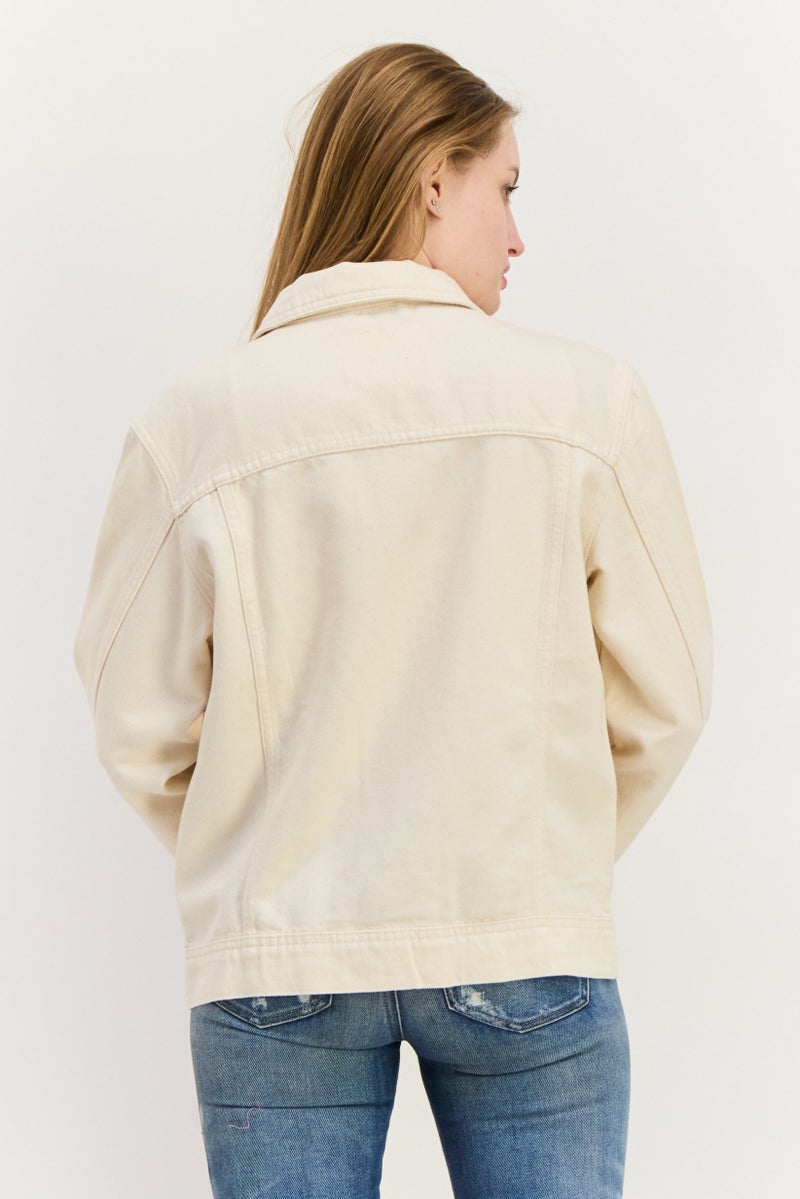 NAH/ Studio Women Plain Denim Jacket, Beige - Image 3