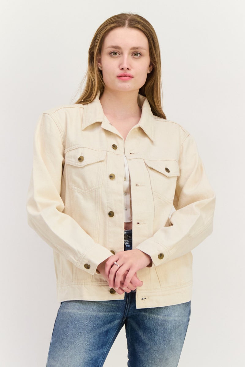 NAH/ Studio Women Plain Denim Jacket, Beige - Image 1