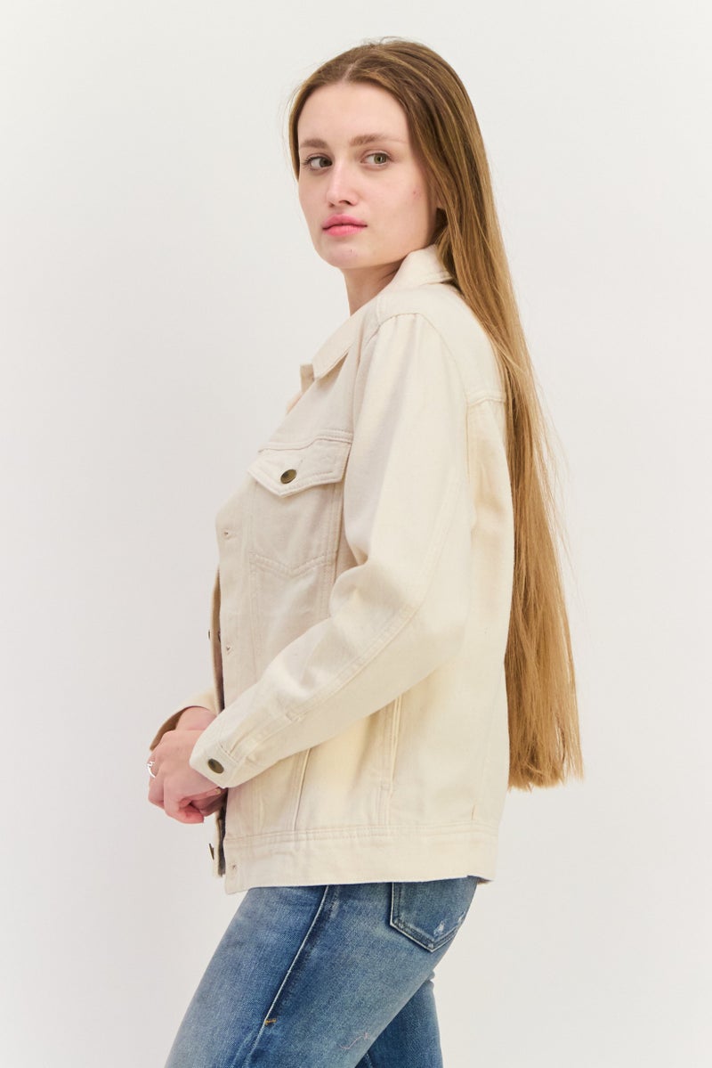 NAH/ Studio Women Plain Denim Jacket, Beige - Image 2