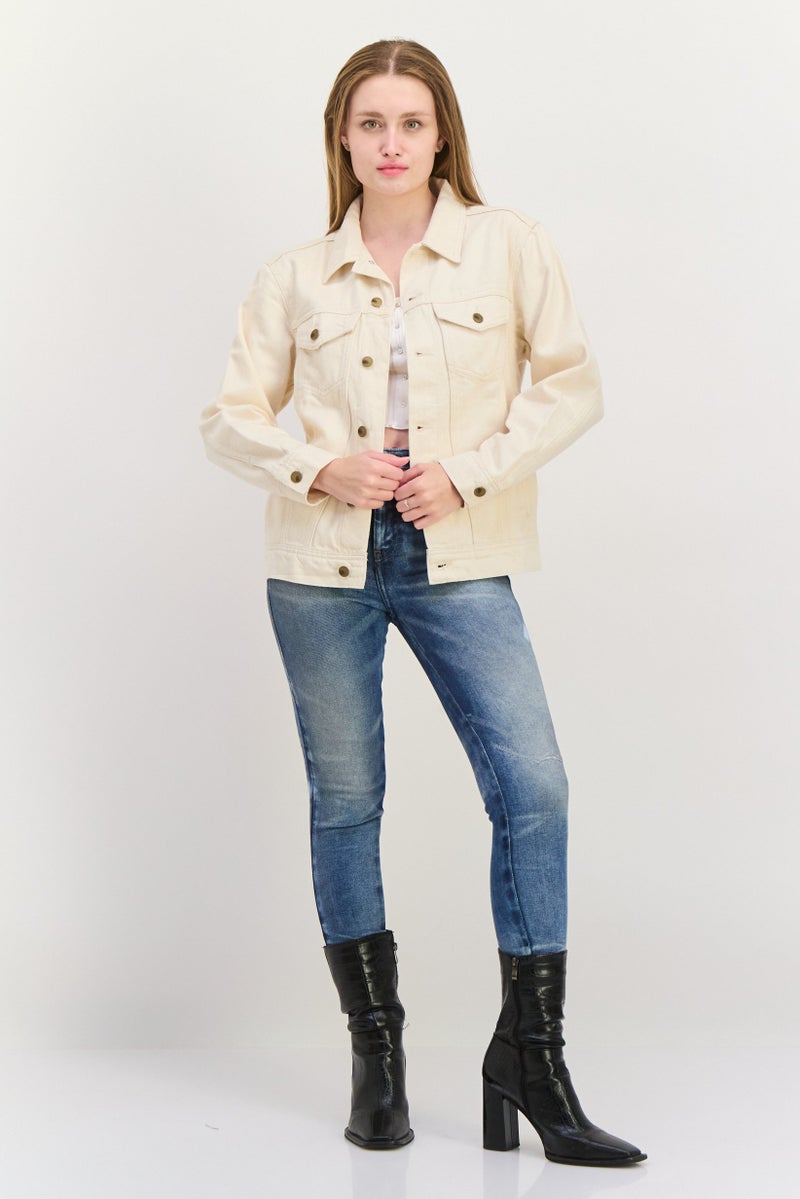 NAH/ Studio Women Plain Denim Jacket, Beige - Image 4
