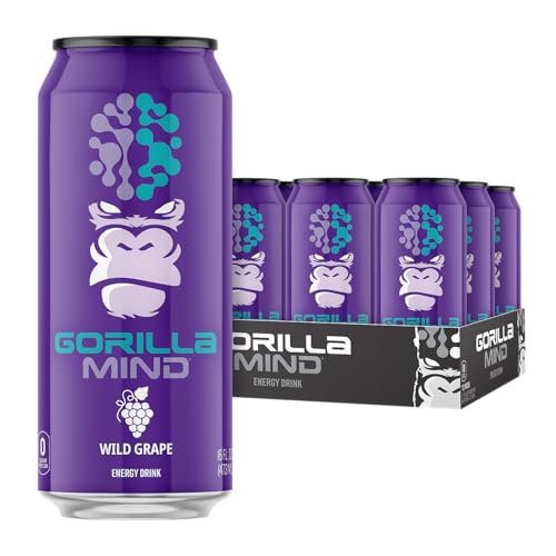 Gorilla Mind Energy Drink  Unmatched Energy  Amplified Focus  NAcetylLTyrosine AlphaGPC 200mg Caffeine Uridine Saffron  0 Sugar Or Artificial Colors  16oz 12Pack Wild Grape - Image 1