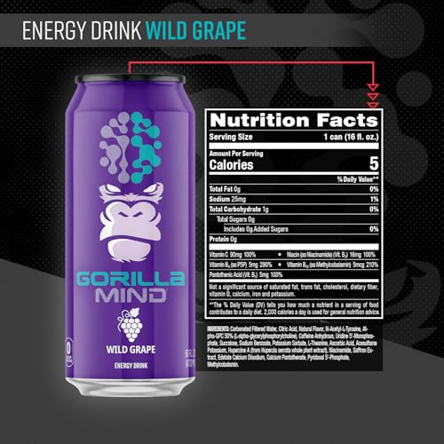 Gorilla Mind Energy Drink  Unmatched Energy  Amplified Focus  NAcetylLTyrosine AlphaGPC 200mg Caffeine Uridine Saffron  0 Sugar Or Artificial Colors  16oz 12Pack Wild Grape - Image 5