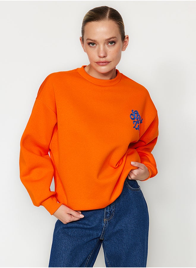 trendyol Orange Thick Inside Polar Slogan Embroidered Regular/Normal Pattern Knitted Sweatshirt TWOAW24SW00094  - Image 3