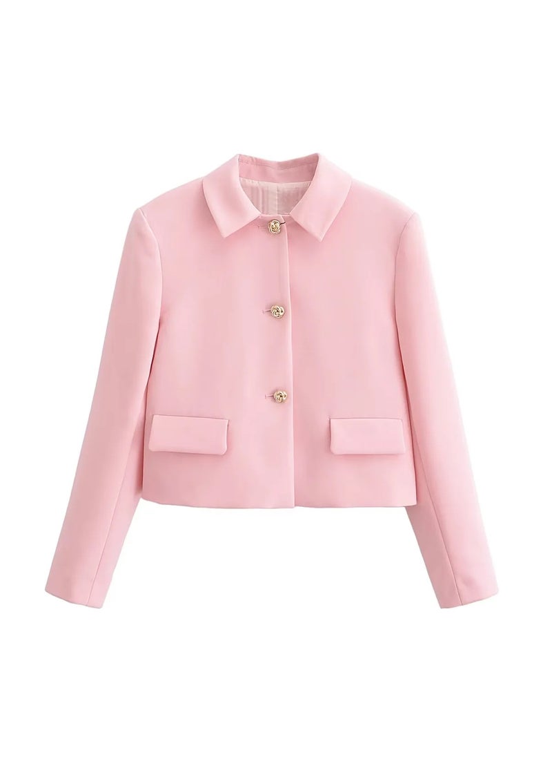 Generic 2024 Spring Chic Solid Color Cropped Blazer Pink 