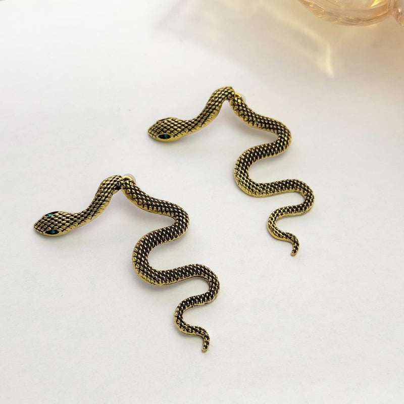 HTH Snake Earrings for Women Gothic Punk Front Back Snake Stud Earrings Accessories(Gold) - Image 3