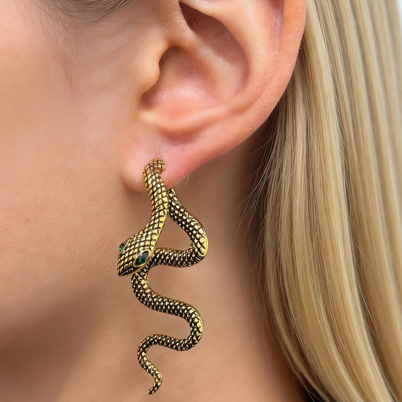 HTH Snake Earrings for Women Gothic Punk Front Back Snake Stud Earrings Accessories(Gold) - Image 2