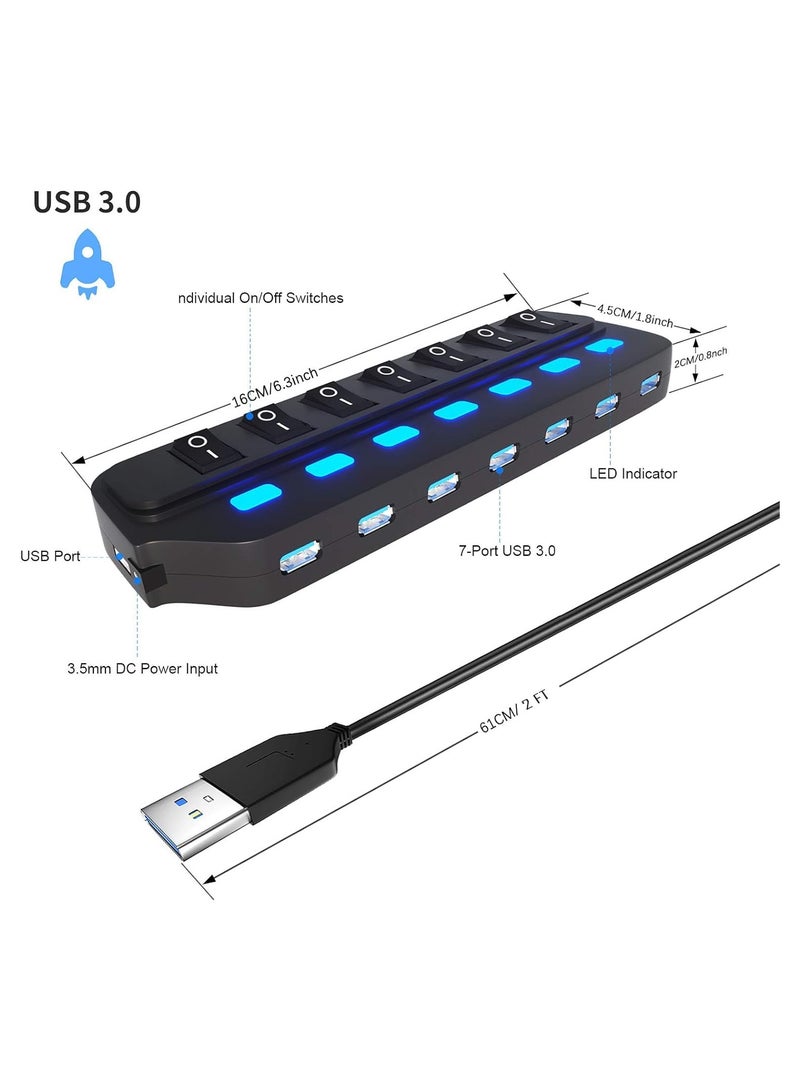 erorex USB Hub 3.0, 7 Port USB Hub Splitter with Individual On/Off LED Switches, 5Gbps HighSpeed Data USB Extension for Laptop, iMac, USB Flash Drives, Mobile HDD, Printer, Camera and More - Image 1