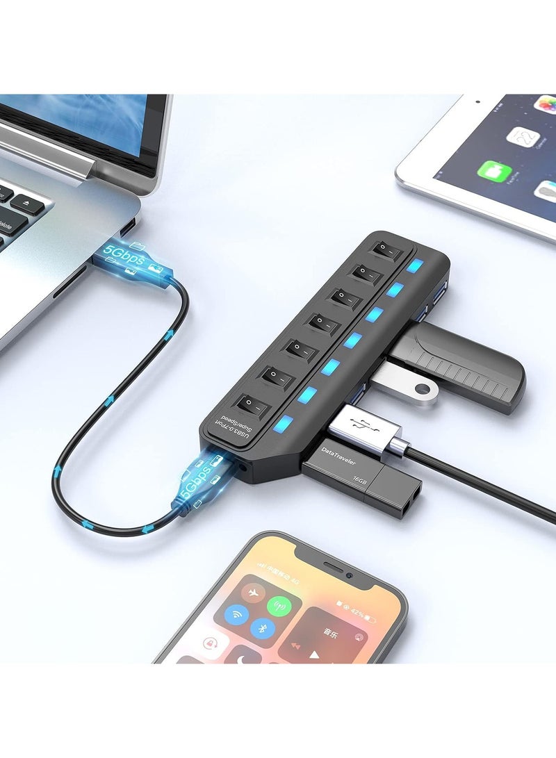 erorex USB Hub 3.0, 7 Port USB Hub Splitter with Individual On/Off LED Switches, 5Gbps HighSpeed Data USB Extension for Laptop, iMac, USB Flash Drives, Mobile HDD, Printer, Camera and More - Image 2