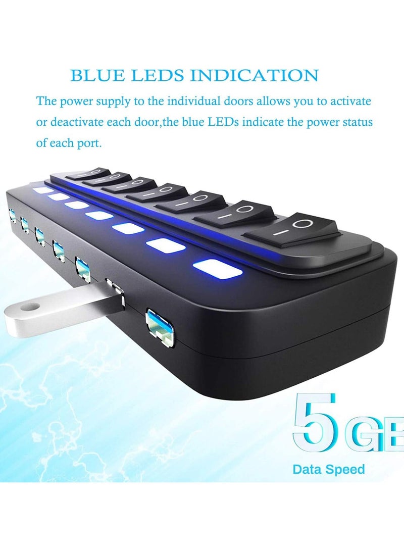 erorex USB Hub 3.0, 7 Port USB Hub Splitter with Individual On/Off LED Switches, 5Gbps HighSpeed Data USB Extension for Laptop, iMac, USB Flash Drives, Mobile HDD, Printer, Camera and More - Image 4