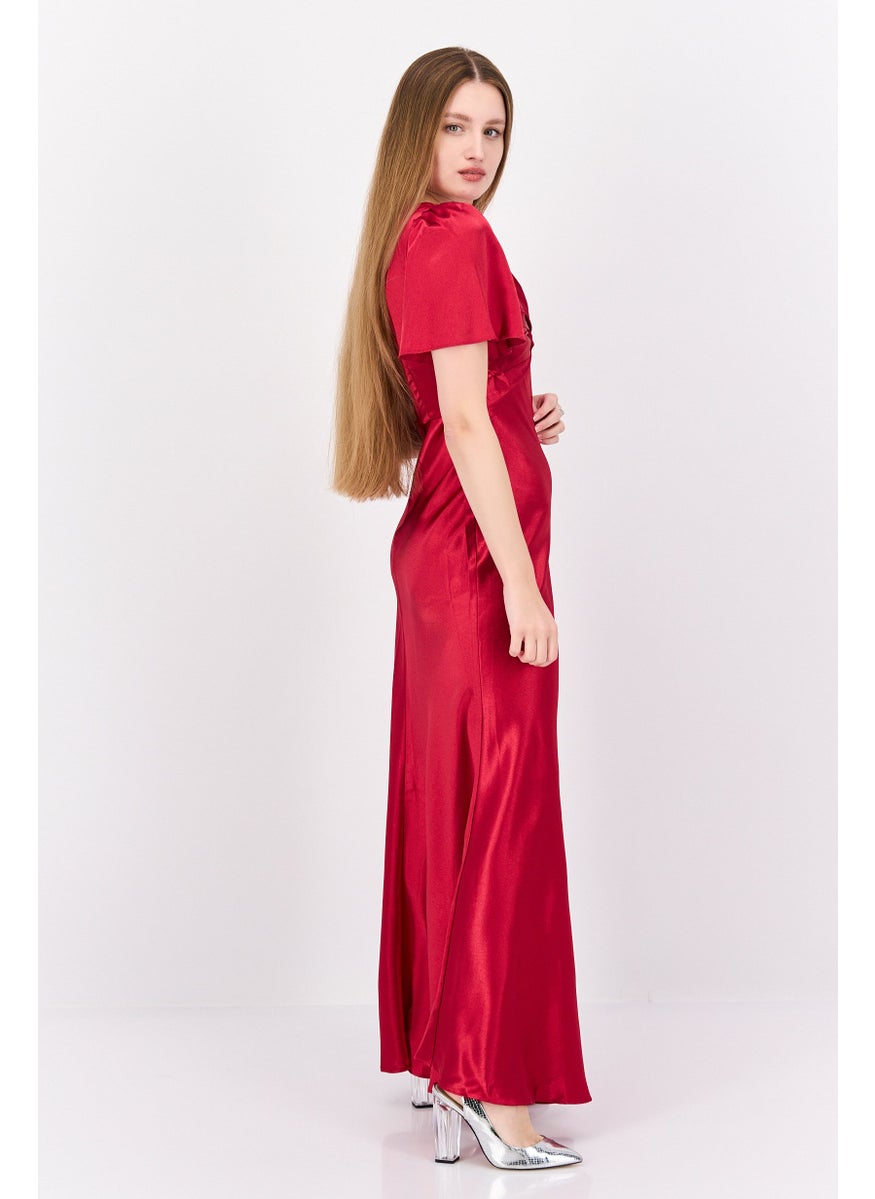 Little Mistress - Women Petite Satin Bridesmaid Dress, Autumn Red - Image 1
