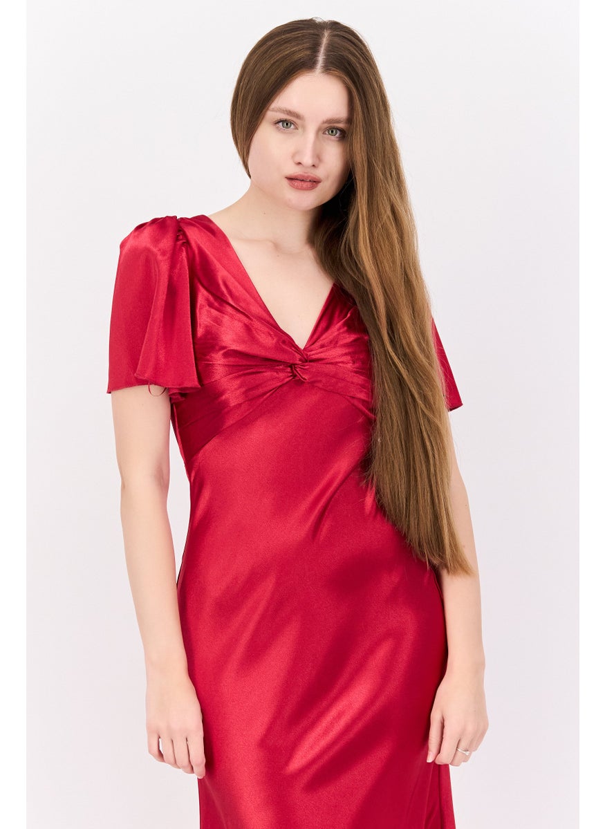 Little Mistress - Women Petite Satin Bridesmaid Dress, Autumn Red - Image 1
