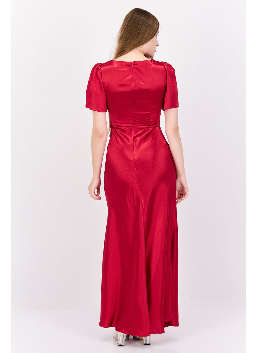 Little Mistress - Women Petite Satin Bridesmaid Dress, Autumn Red - Image 1