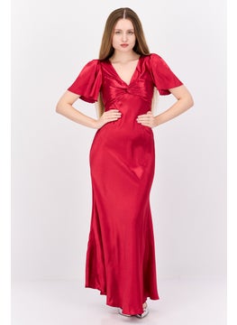 Women Petite Satin Bridesmaid Dress, Autumn Red