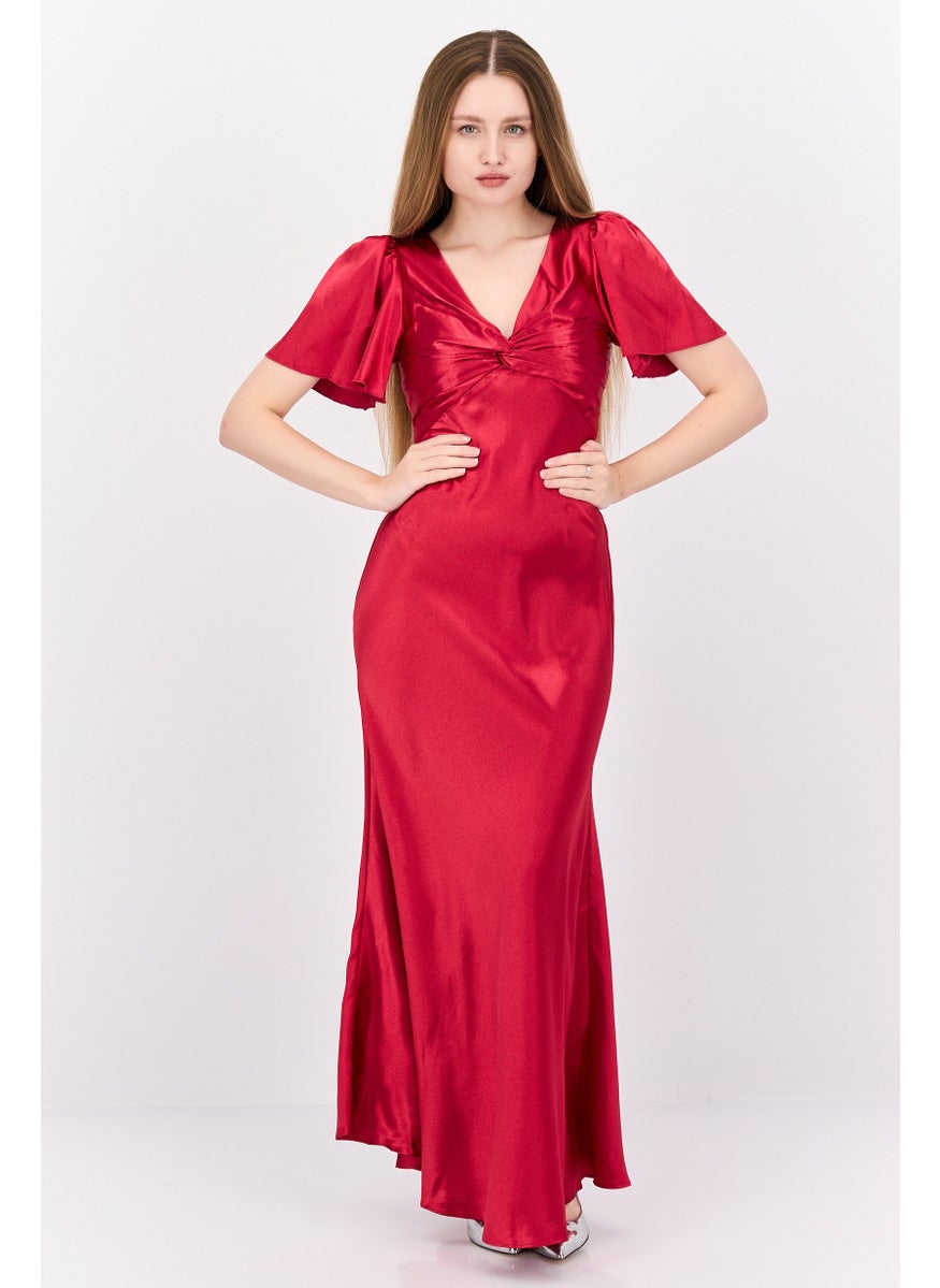 Little Mistress - Women Petite Satin Bridesmaid Dress, Autumn Red - Image 1