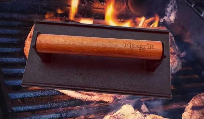 Firsgrill Burger Press Heavy-Duty Cast Iron Smash Meat Steak with Wood Handle for Blackstone Camp Chef Pitboss Weber Treager Griddle Grills (Round & Rectangle w Flat Bottom) - Image 1