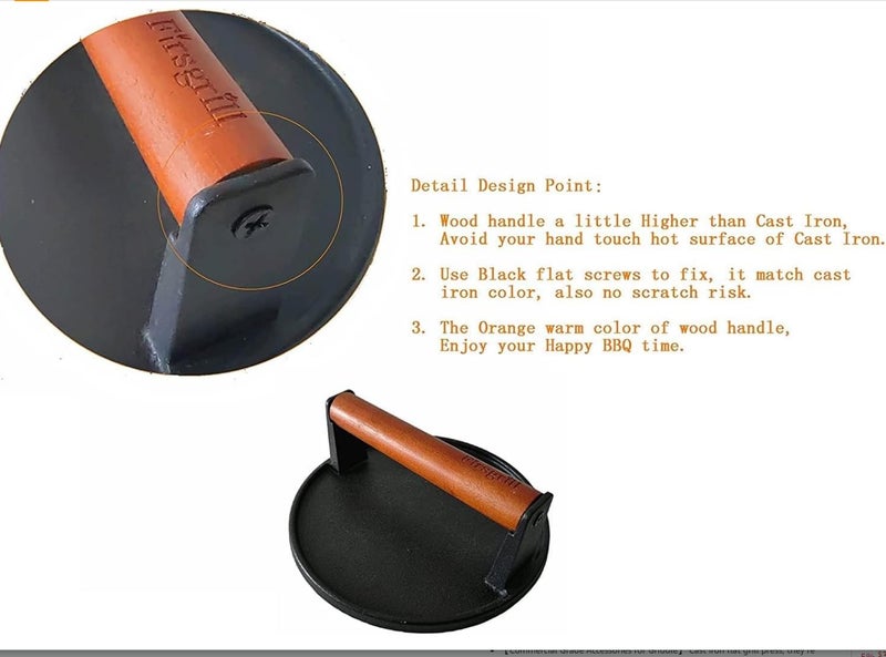 Firsgrill Burger Press Heavy-Duty Cast Iron Smash Meat Steak with Wood Handle for Blackstone Camp Chef Pitboss Weber Treager Griddle Grills (Round & Rectangle w Flat Bottom) - Image 3