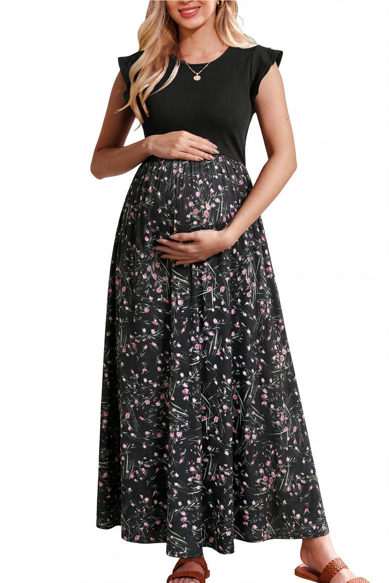 OUGES Women's Maternity Baby Shower Dress Summer Ruffle Sleeve Patchwork Casual Maxi Dresses with Pockets(FloralU,M) - Image 2