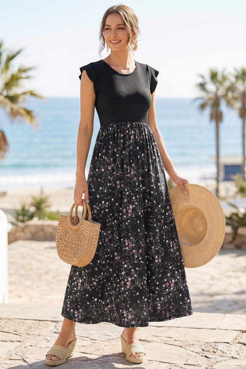 OUGES Women's Maternity Baby Shower Dress Summer Ruffle Sleeve Patchwork Casual Maxi Dresses with Pockets(FloralU,M) - Image 5