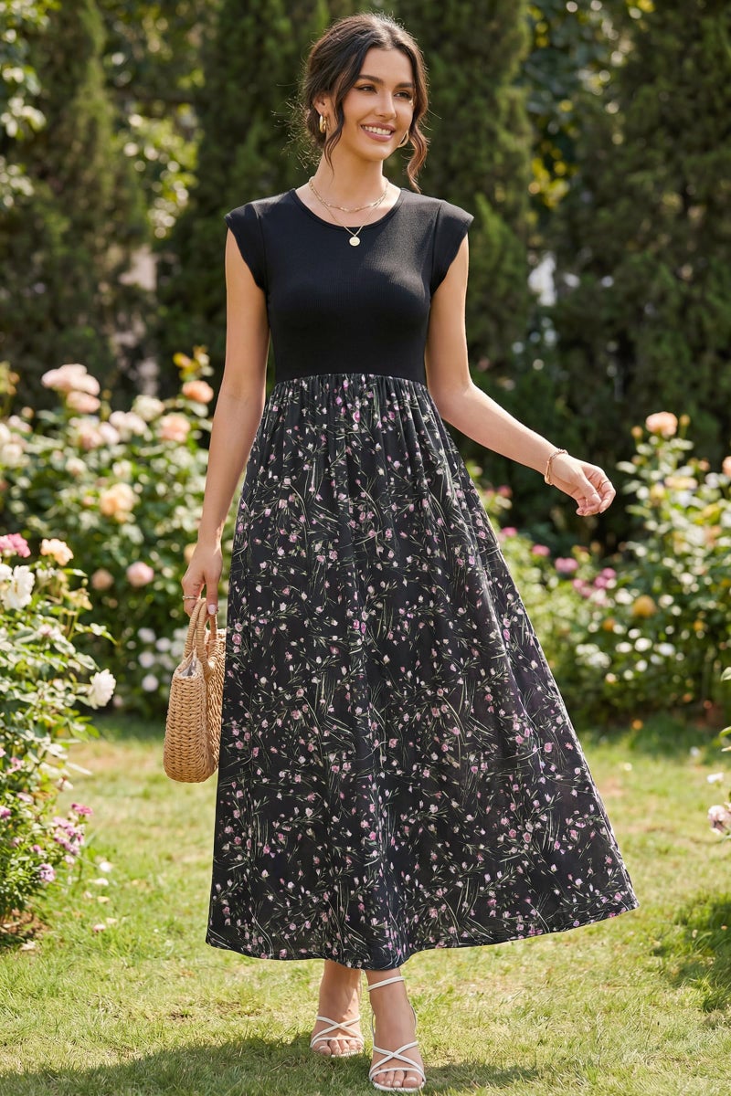 OUGES Women's Maternity Baby Shower Dress Summer Ruffle Sleeve Patchwork Casual Maxi Dresses with Pockets(FloralU,M) - Image 4