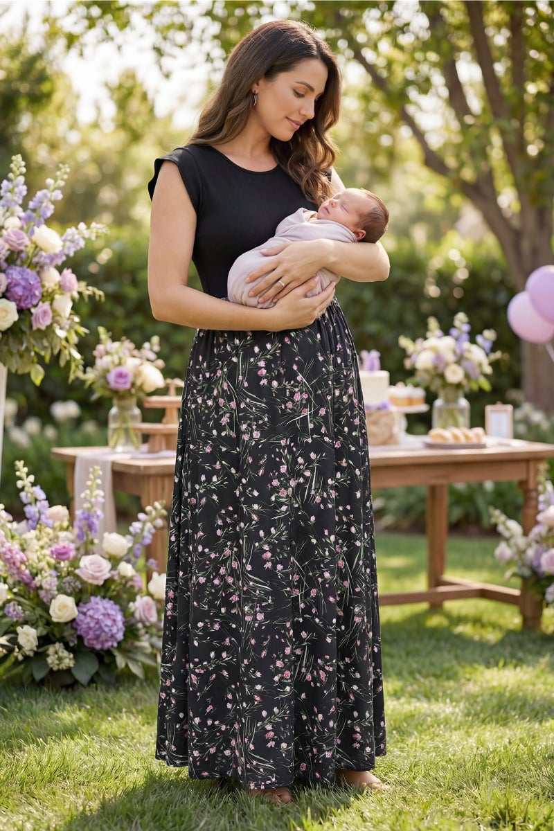 OUGES Women's Maternity Baby Shower Dress Summer Ruffle Sleeve Patchwork Casual Maxi Dresses with Pockets(FloralU,M) - Image 3