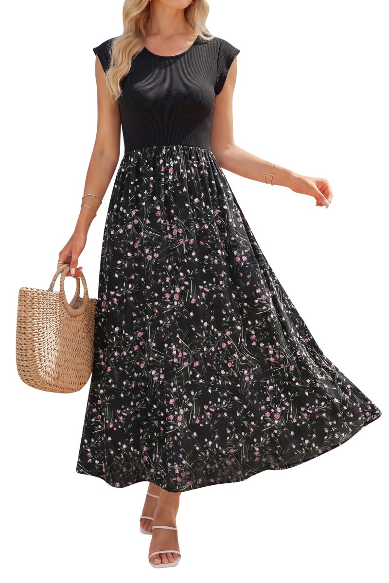 OUGES Women's Maternity Baby Shower Dress Summer Ruffle Sleeve Patchwork Casual Maxi Dresses with Pockets(FloralU,M) - Image 1