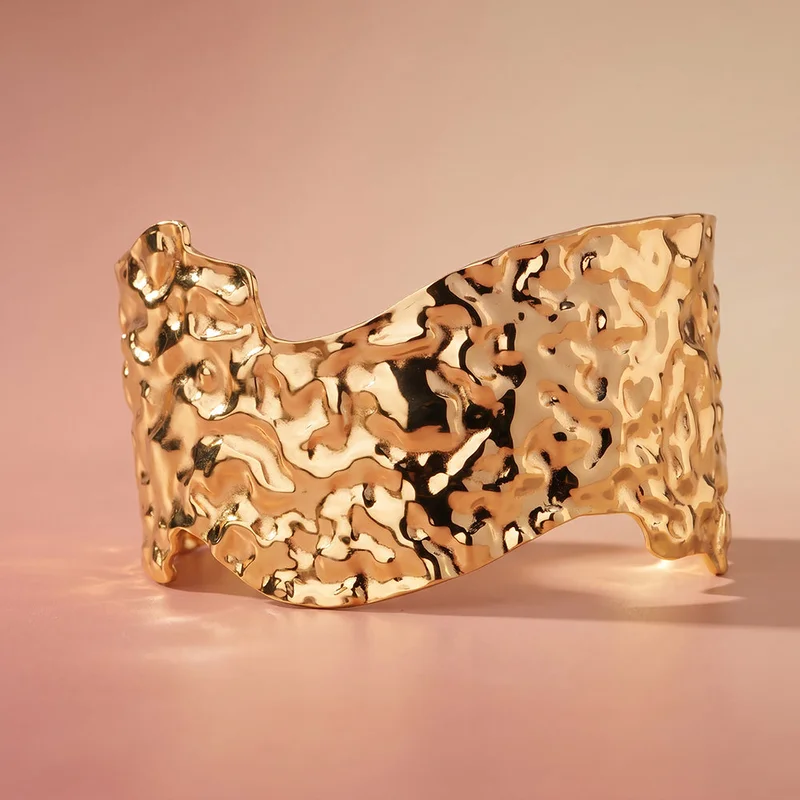Palmonas 18K Gold Tone Plated Textured Statement Cuff bracelet For Women - Waterproof & Anti-Tarnish