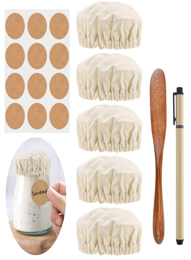 MARRTEUM 6Pcs Sourdough Starter Jar Covers Cloth with Spatula & Blank Stickers & Pen, Reusable Fabric Linen Cover, Elastic Bread Fermentation Container Bowl Cloth Lid Cap for 3-4 Inch Jar Mouth - Image 1