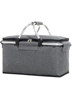 Large Size Insulated Picnic Basket, Foldable Cooler Bag, Waterproof Lining Cool Hamper Shopping Basket Bag Box for Camping, Hiking, Picnicking, Lake Trips, Family Vacations (Grey)