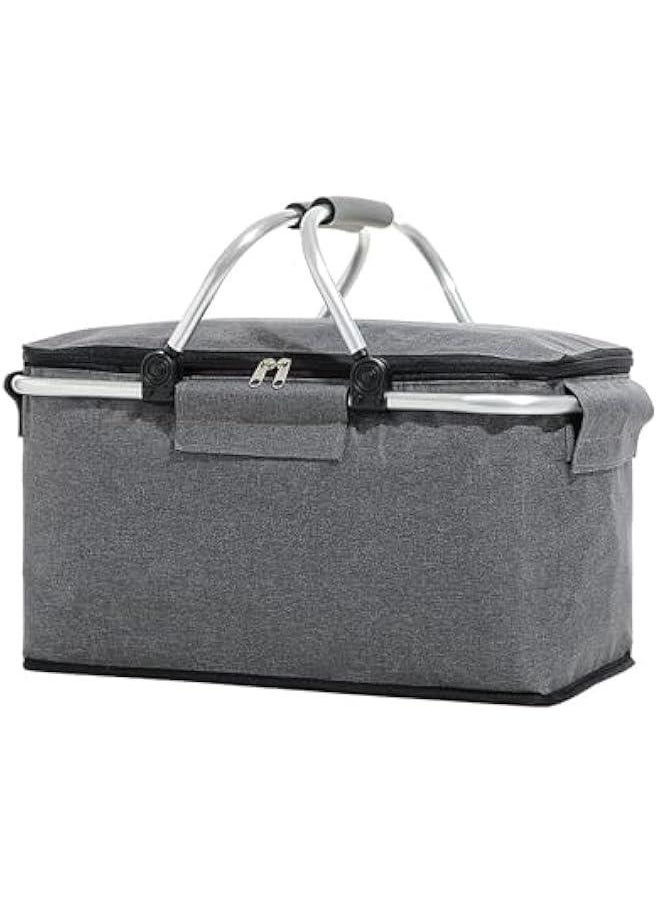 HOOKOR - Large Size Insulated Picnic Basket, Foldable Cooler Bag, Waterproof Lining Cool Hamper Shopping Basket Bag Box for Camping, Hiking, Picnicking, Lake Trips, Family Vacations (Grey) - Image 1