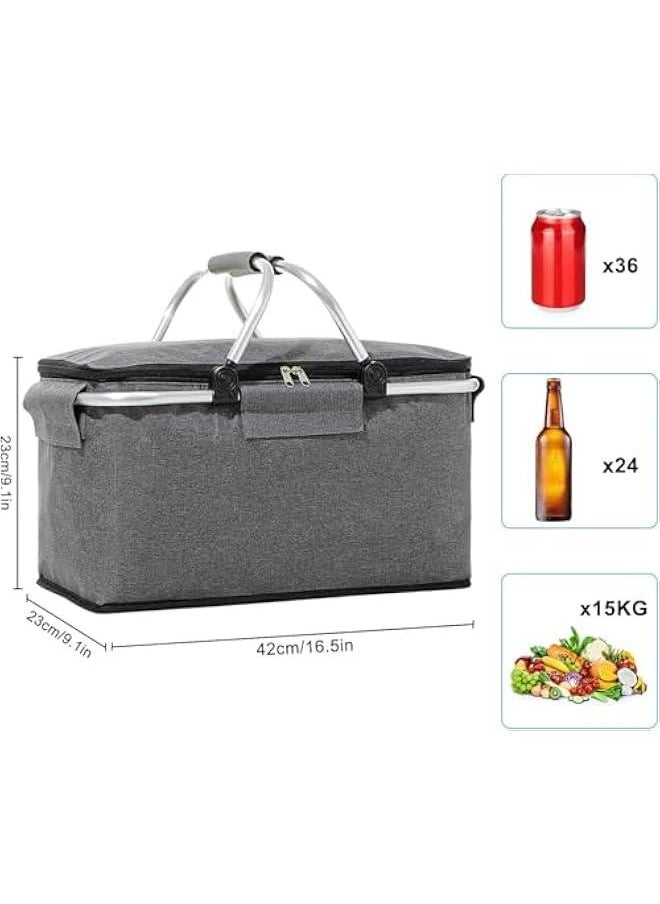 HOOKOR - Large Size Insulated Picnic Basket, Foldable Cooler Bag, Waterproof Lining Cool Hamper Shopping Basket Bag Box for Camping, Hiking, Picnicking, Lake Trips, Family Vacations (Grey) - Image 1