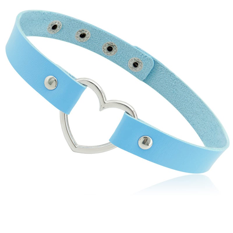 ETHOON Love Heart Choker PU Leather Choker Necklace Goth Choker Collar Chain Blue - Image 1