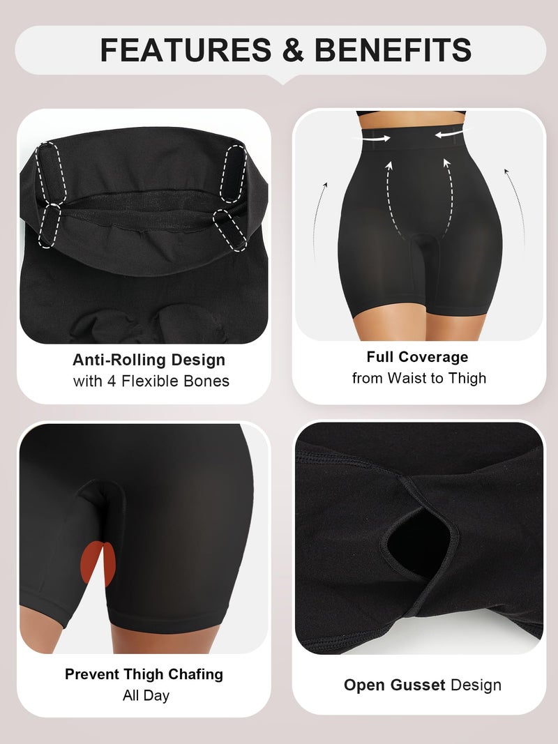 SHAPERX Tummy Control Underwear for Women â€“ Mid-Waisted Seamless Shapewear Shorts Anti-Rolling Body Shaper Under Dresses,SZ5810-Black-S/M - Image 4