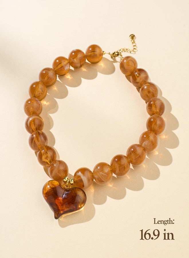 DoDoBeads Chunky Resin Heart Necklace, Handmade Amber Beaded Statement Necklace for Women, Gifts for Women - Image 4