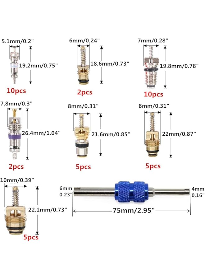 Excefore 40Pcs Car Air Conditioner Valve Core Kit, R12 R134A Automotive A/C Refrigeration Tire Valve Stems With Double Head Dual Dismantling Remover Tool  - Image 3