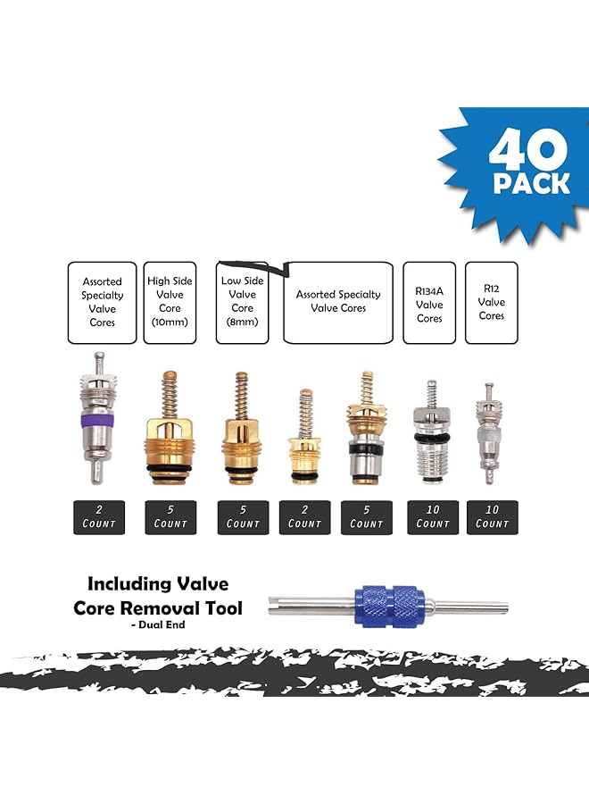 Excefore 40Pcs Car Air Conditioner Valve Core Kit, R12 R134A Automotive A/C Refrigeration Tire Valve Stems With Double Head Dual Dismantling Remover Tool  - Image 2