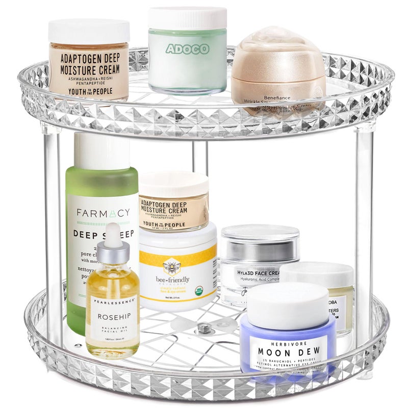 Adoco 2 Tier Diamond Lazy Susan Bathroom Organizer Countertop, Clear 360 Rotating Cosmetic Makeup Organizer for Vanity, Skincare Organizers Perfume Organizer for Counter - Organization and Storage -9.25INCH - Image 5
