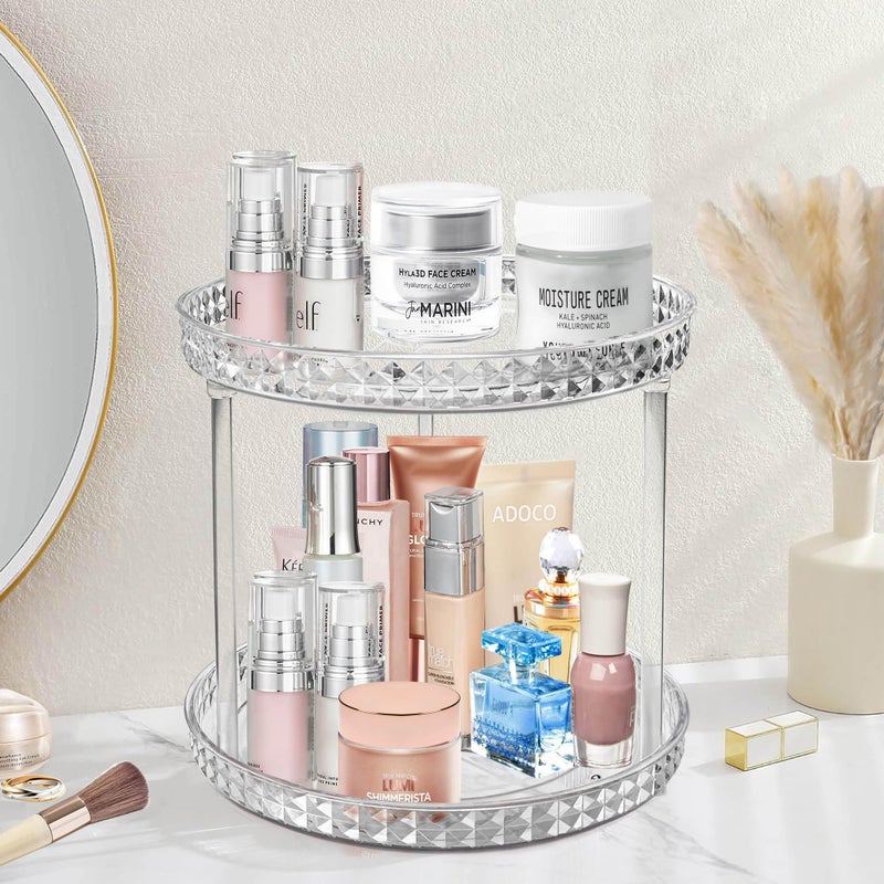 Adoco 2 Tier Diamond Lazy Susan Bathroom Organizer Countertop, Clear 360 Rotating Cosmetic Makeup Organizer for Vanity, Skincare Organizers Perfume Organizer for Counter - Organization and Storage -9.25INCH - Image 1