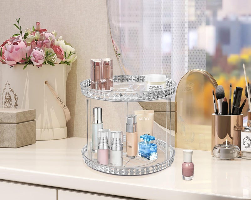 Adoco 2 Tier Diamond Lazy Susan Bathroom Organizer Countertop, Clear 360 Rotating Cosmetic Makeup Organizer for Vanity, Skincare Organizers Perfume Organizer for Counter - Organization and Storage -9.25INCH - Image 3