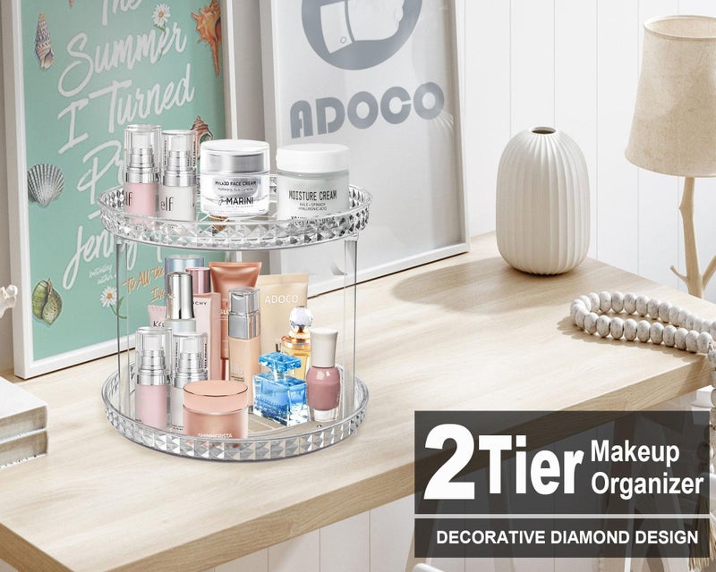 Adoco 2 Tier Diamond Lazy Susan Bathroom Organizer Countertop, Clear 360 Rotating Cosmetic Makeup Organizer for Vanity, Skincare Organizers Perfume Organizer for Counter - Organization and Storage -9.25INCH - Image 4