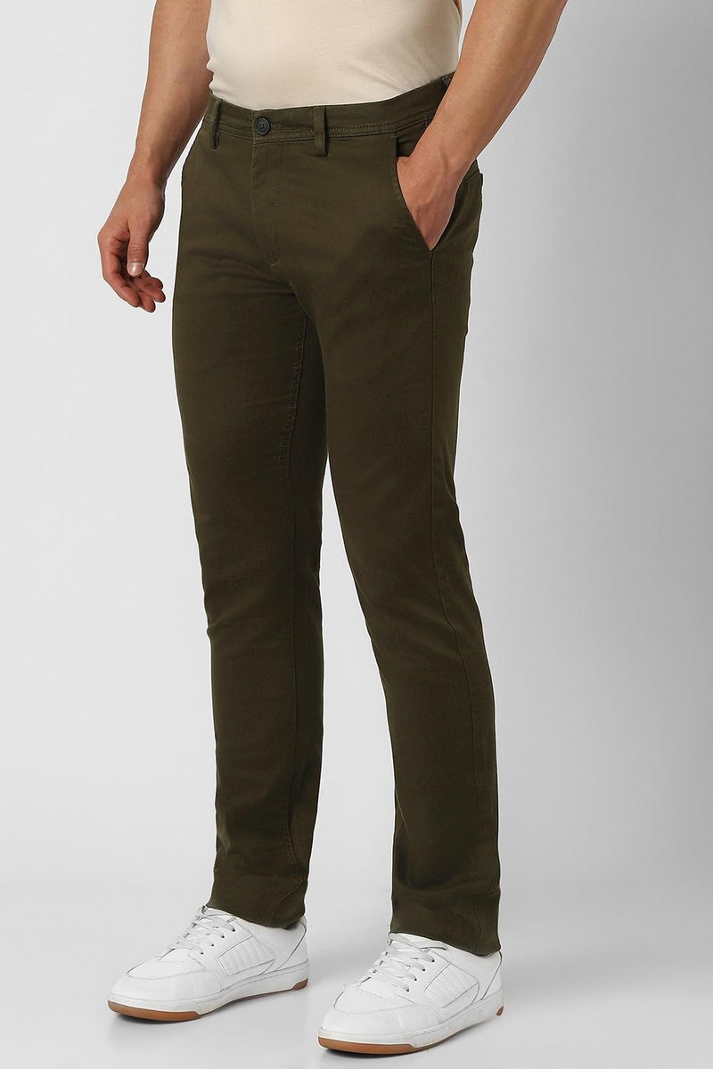 Peter England | Men's Slim Fit Stretchable Cotton Satin Casual Trousers | Office & Everyday Wear | Comfortable & Smart Look Dark Olive - Image 2