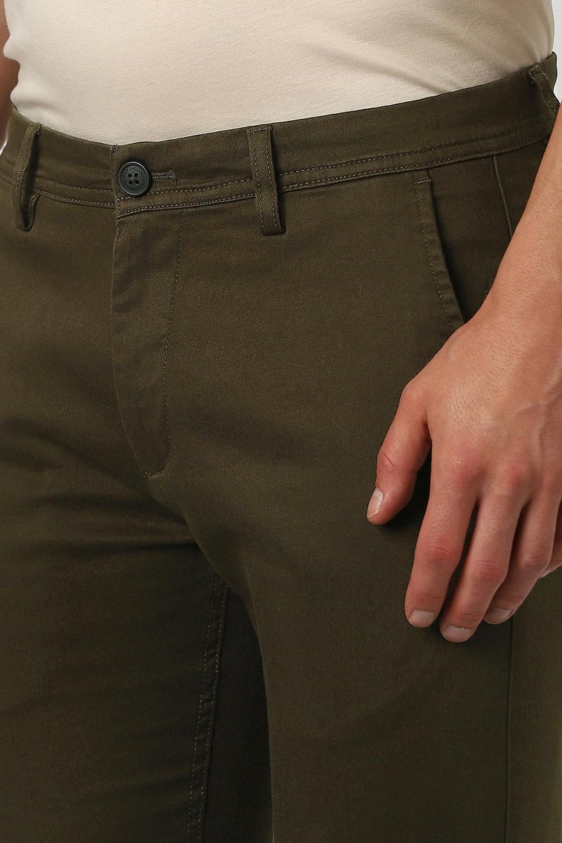 Peter England | Men's Slim Fit Stretchable Cotton Satin Casual Trousers | Office & Everyday Wear | Comfortable & Smart Look Dark Olive - Image 4