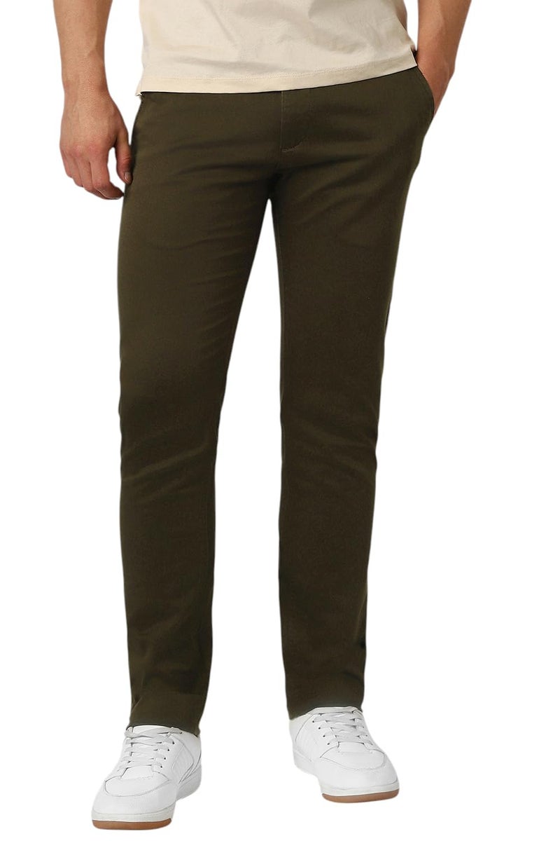Peter England | Men's Slim Fit Stretchable Cotton Satin Casual Trousers | Office & Everyday Wear | Comfortable & Smart Look Dark Olive - Image 1
