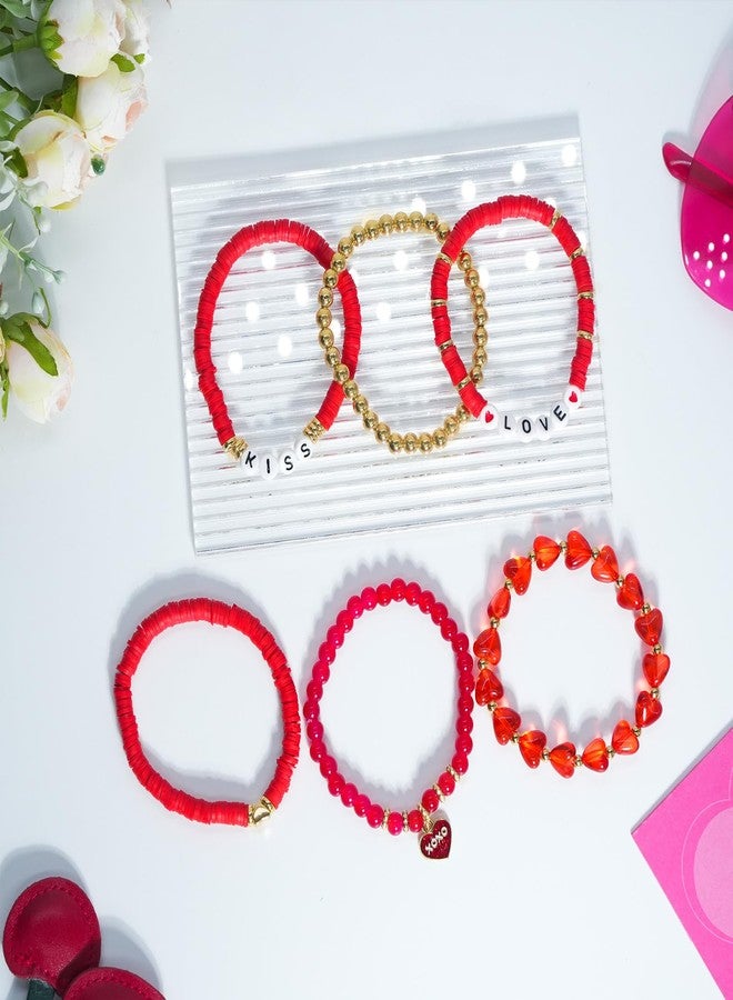 yfstyle Valentines Bracelets Gifts for Women Red Heart Love Bracelet Stretch Clay Beads Surfer Heishi Bracelets Set Valentines Accessories Gifts Red - Image 2