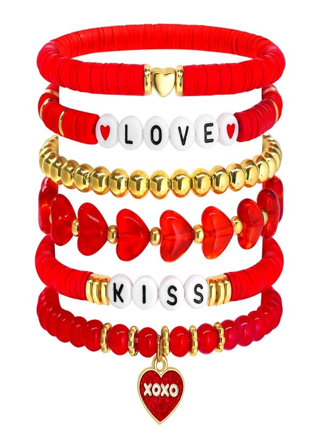 yfstyle Valentines Bracelets Gifts for Women Red Heart Love Bracelet Stretch Clay Beads Surfer Heishi Bracelets Set Valentines Accessories Gifts Red - Image 1