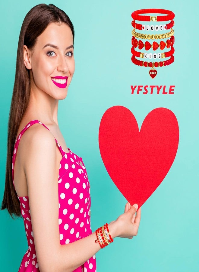 yfstyle Valentines Bracelets Gifts for Women Red Heart Love Bracelet Stretch Clay Beads Surfer Heishi Bracelets Set Valentines Accessories Gifts Red - Image 5