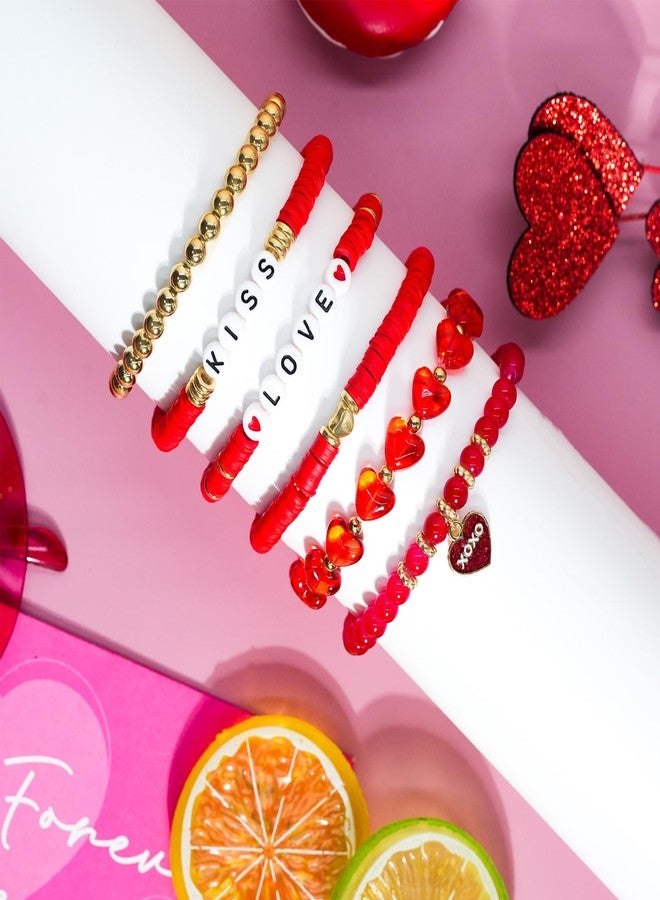 yfstyle Valentines Bracelets Gifts for Women Red Heart Love Bracelet Stretch Clay Beads Surfer Heishi Bracelets Set Valentines Accessories Gifts Red - Image 3